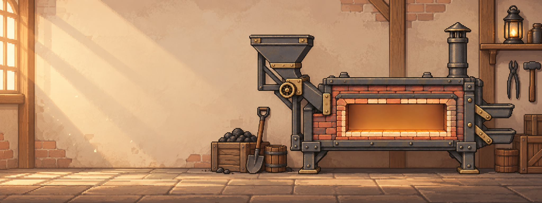 A small brick furnace with a fuel hopper in a quiet pixel art workshop